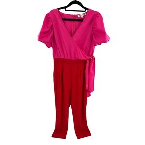 Jealous Tomato Womens Color Block Wrap Jumpsuit Size S Pink Red Puff Sleeve